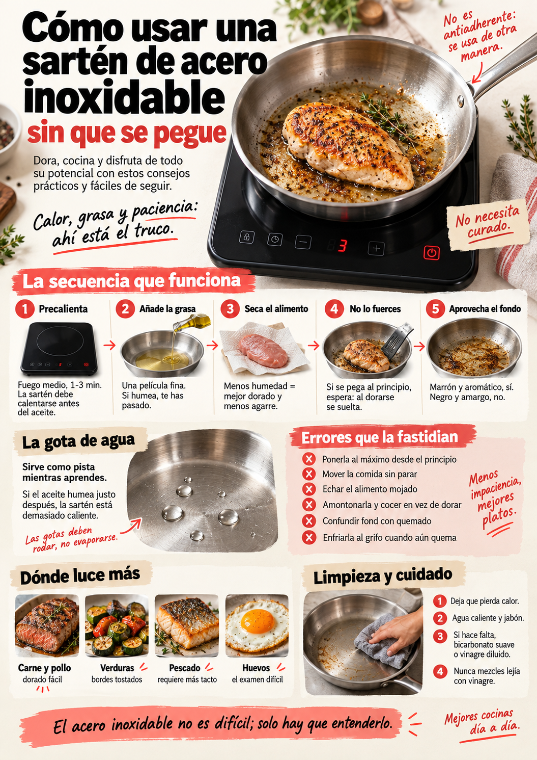 Cómo usar una sartén de acero inoxidable sin que se pegue: temperatura, aceite y errores que evitar