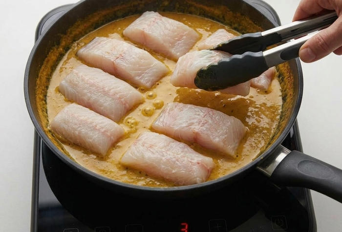 Curry de pescado con coco, merluza jugosa en una salsa cremosa y especiada