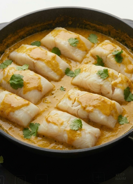 Curry de pescado con coco, merluza jugosa en una salsa cremosa y especiada