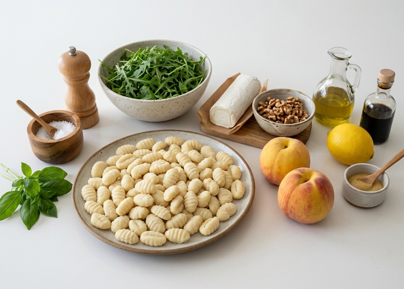 Ensalada de ñoquis crujientes con melocotón, queso de cabra y nueces