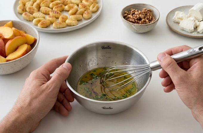 Ensalada de ñoquis crujientes con melocotón, queso de cabra y nueces