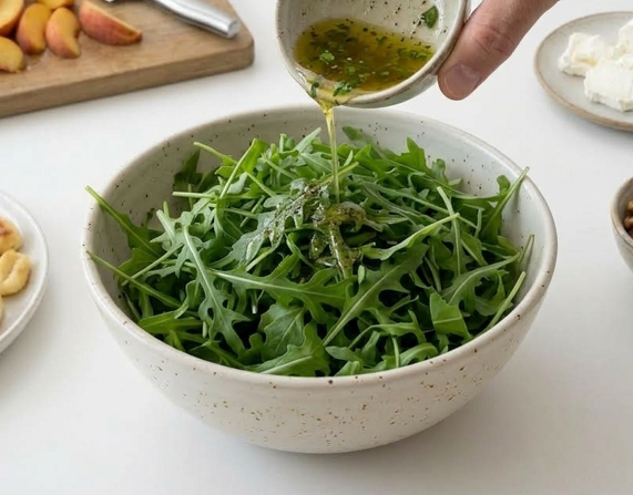 Ensalada de ñoquis crujientes con melocotón, queso de cabra y nueces