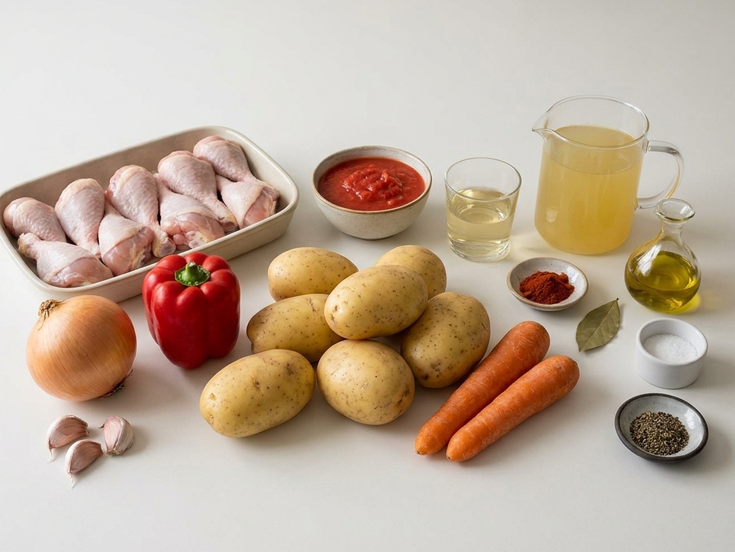 Guiso de pollo con patatas, con salsa melosa sin harina