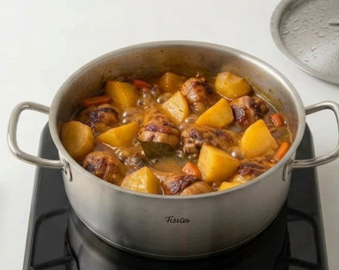 Guiso de pollo con patatas, con salsa melosa sin harina