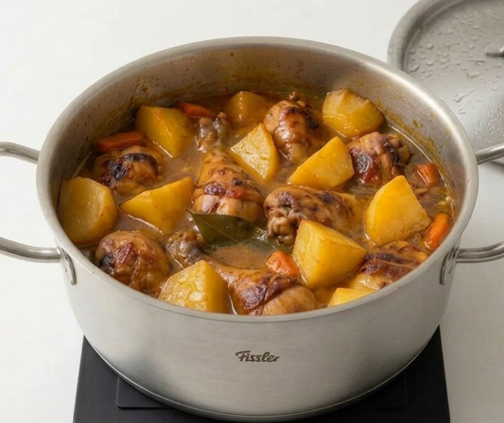 Guiso de pollo con patatas, con salsa melosa sin harina