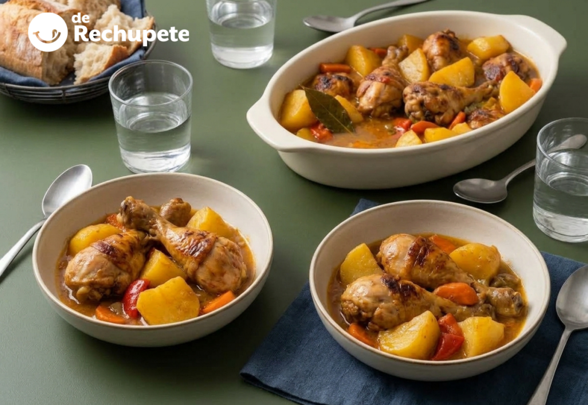 Guiso de pollo con patatas, con salsa melosa sin harina