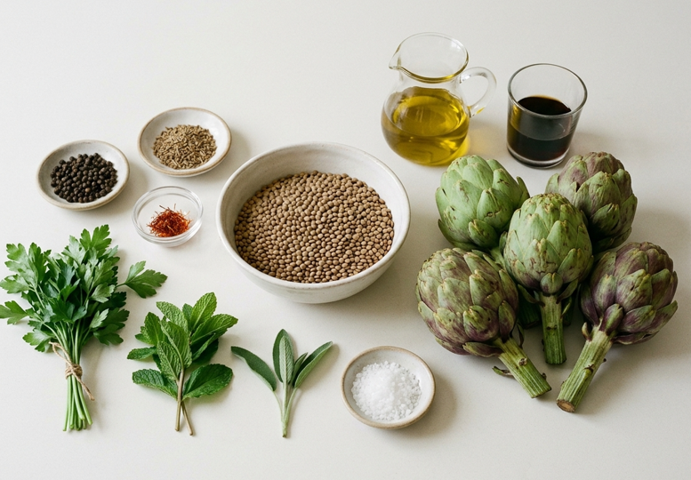 Lentejas a la romana con alcachofas: vinagre, azafrán y hierbas frescas