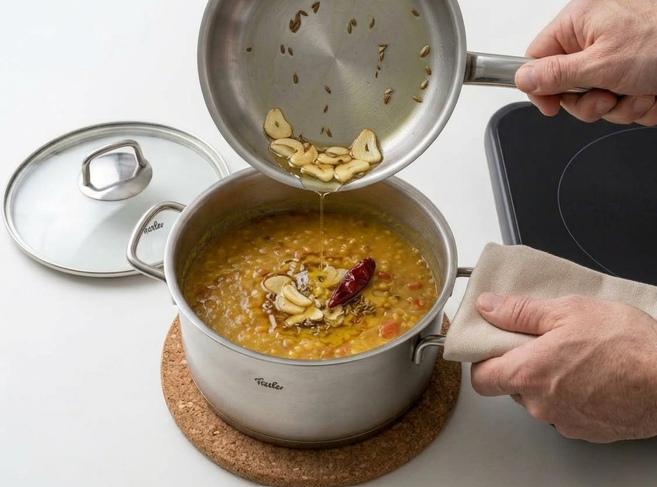 Masoor dal con tadka de ajo y comino: lentejas rojas al estilo indio