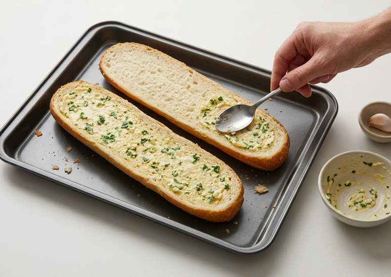 Pan de ajo con pollo Alfredo, crujiente por debajo y cremoso por encima
