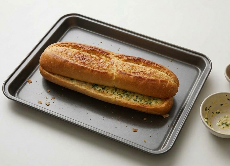 Pan de ajo con pollo Alfredo, crujiente por debajo y cremoso por encima