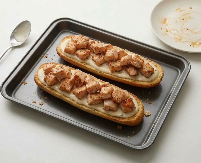Pan de ajo con pollo Alfredo, crujiente por debajo y cremoso por encima
