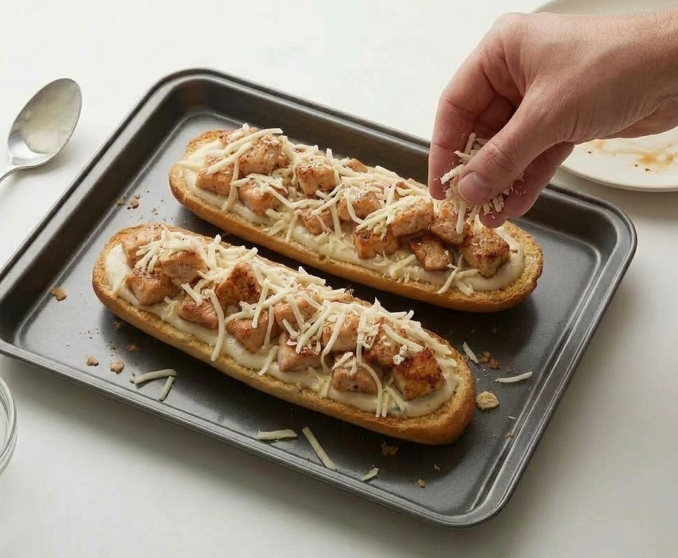Pan de ajo con pollo Alfredo, crujiente por debajo y cremoso por encima
