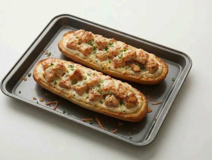 Pan de ajo con pollo Alfredo, crujiente por debajo y cremoso por encima