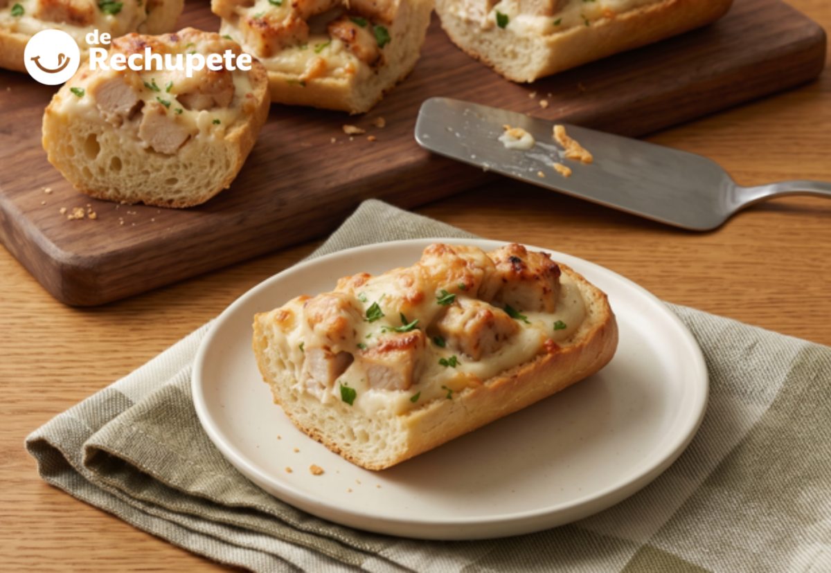 Pan de ajo con pollo Alfredo, crujiente por debajo y cremoso por encima
