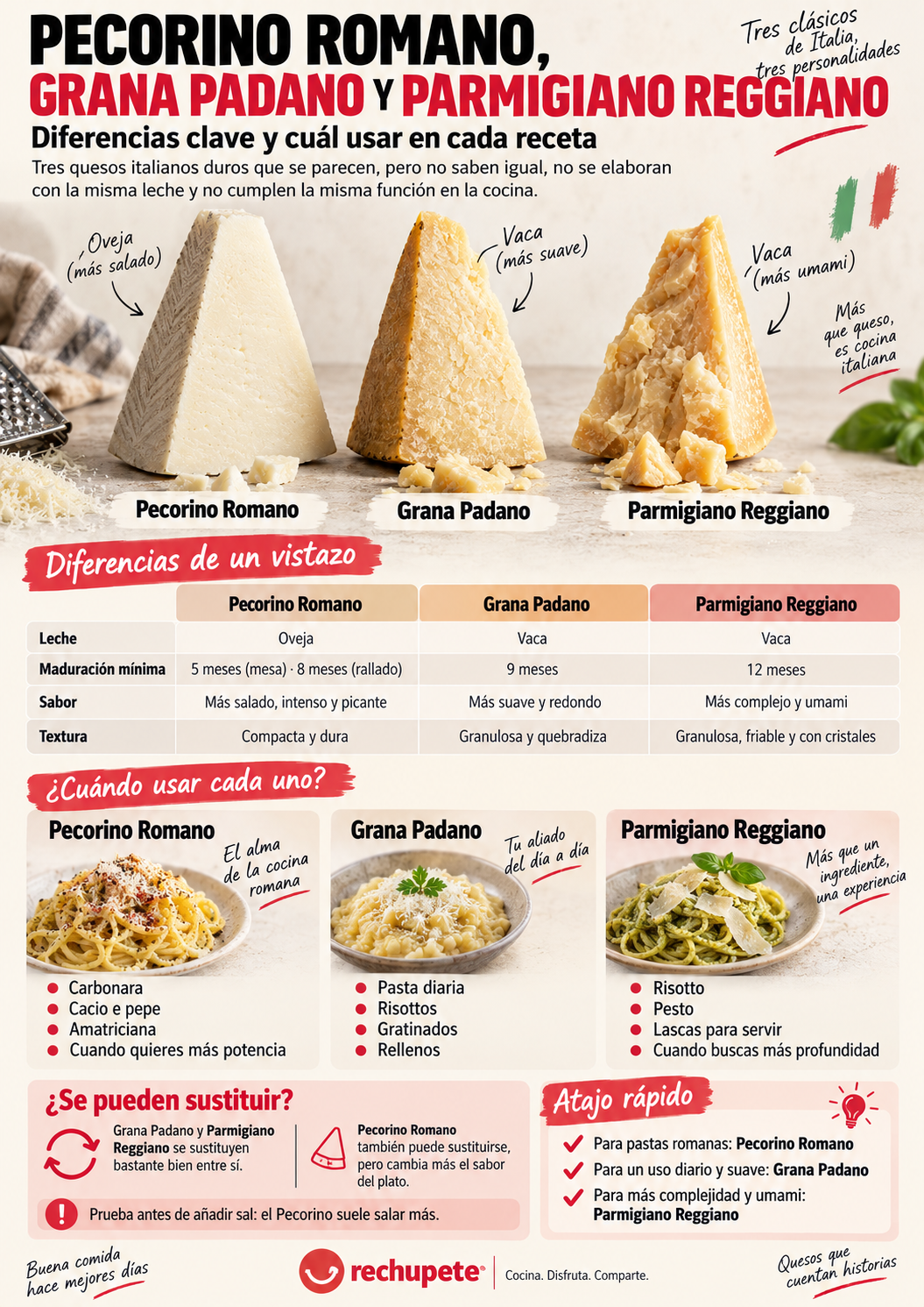 Pecorino, Grana Padano y Parmigiano Reggiano: diferencias y cuál usar en cada receta