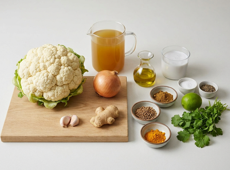 Sopa de coliflor especiada con leche de coco y ramilletes asados