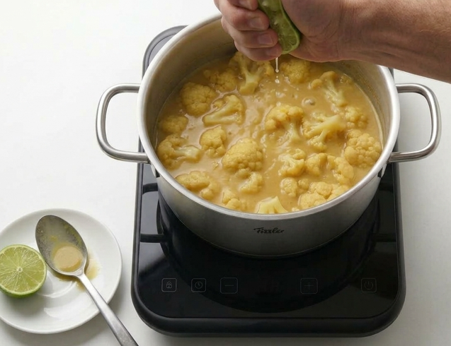 Sopa de coliflor especiada con leche de coco y ramilletes asados