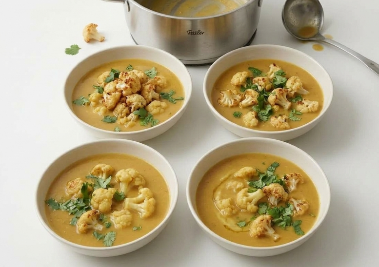 Sopa de coliflor especiada con leche de coco y ramilletes asados