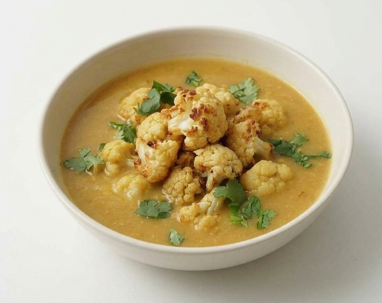 Sopa de coliflor especiada con leche de coco y ramilletes asados