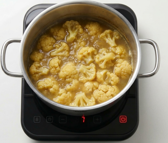 Sopa de coliflor especiada con leche de coco y ramilletes asados