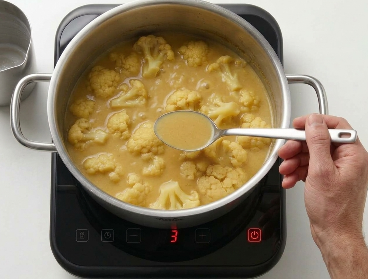 Sopa de coliflor especiada con leche de coco y ramilletes asados