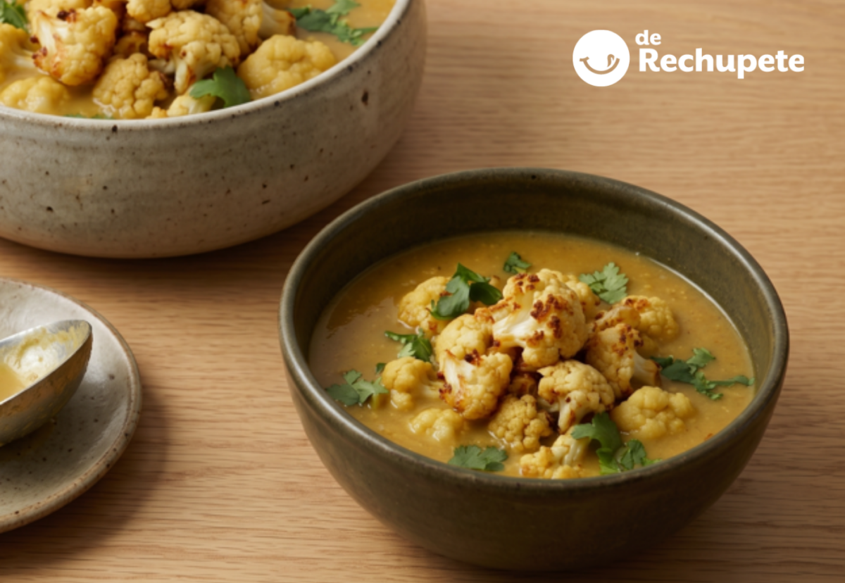 Sopa de coliflor especiada con leche de coco y ramilletes asados