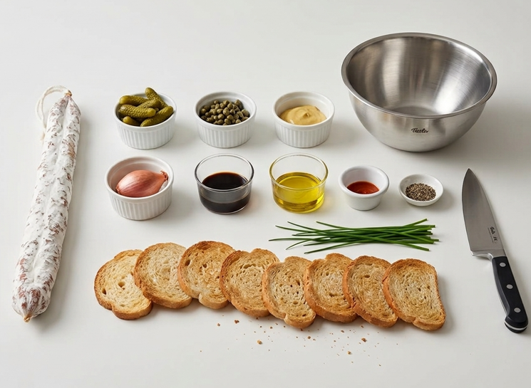 Tartar de fuet con encurtidos, mostaza y salsa Perrins