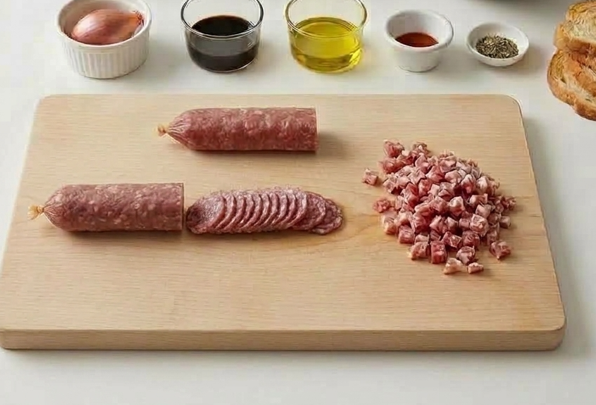 Tartar de fuet con encurtidos, mostaza y salsa Perrins