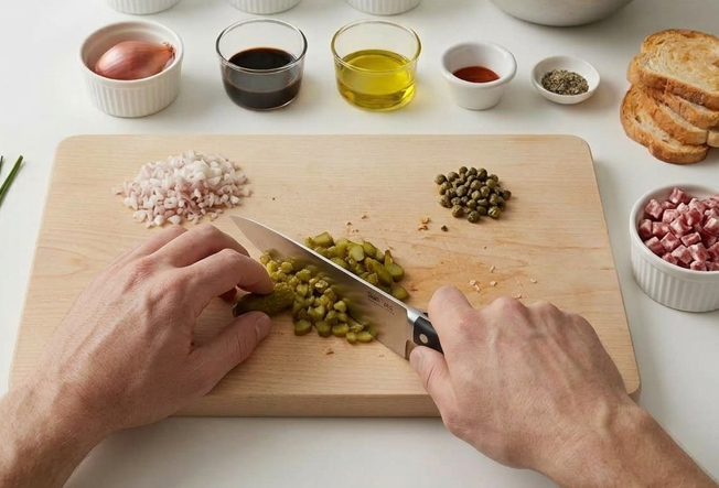 Tartar de fuet con encurtidos, mostaza y salsa Perrins