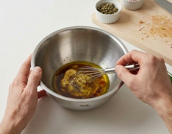 Tartar de fuet con encurtidos, mostaza y salsa Perrins