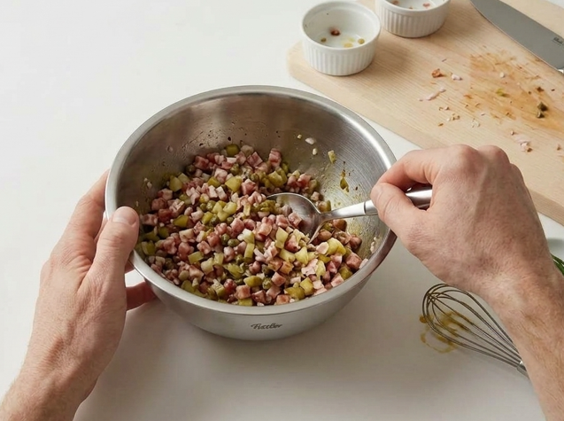 Tartar de fuet con encurtidos, mostaza y salsa Perrins