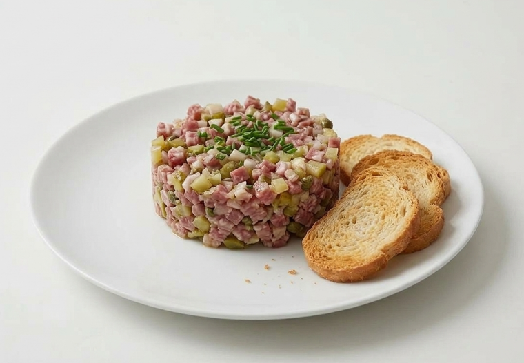 Tartar de fuet con encurtidos, mostaza y salsa Perrins