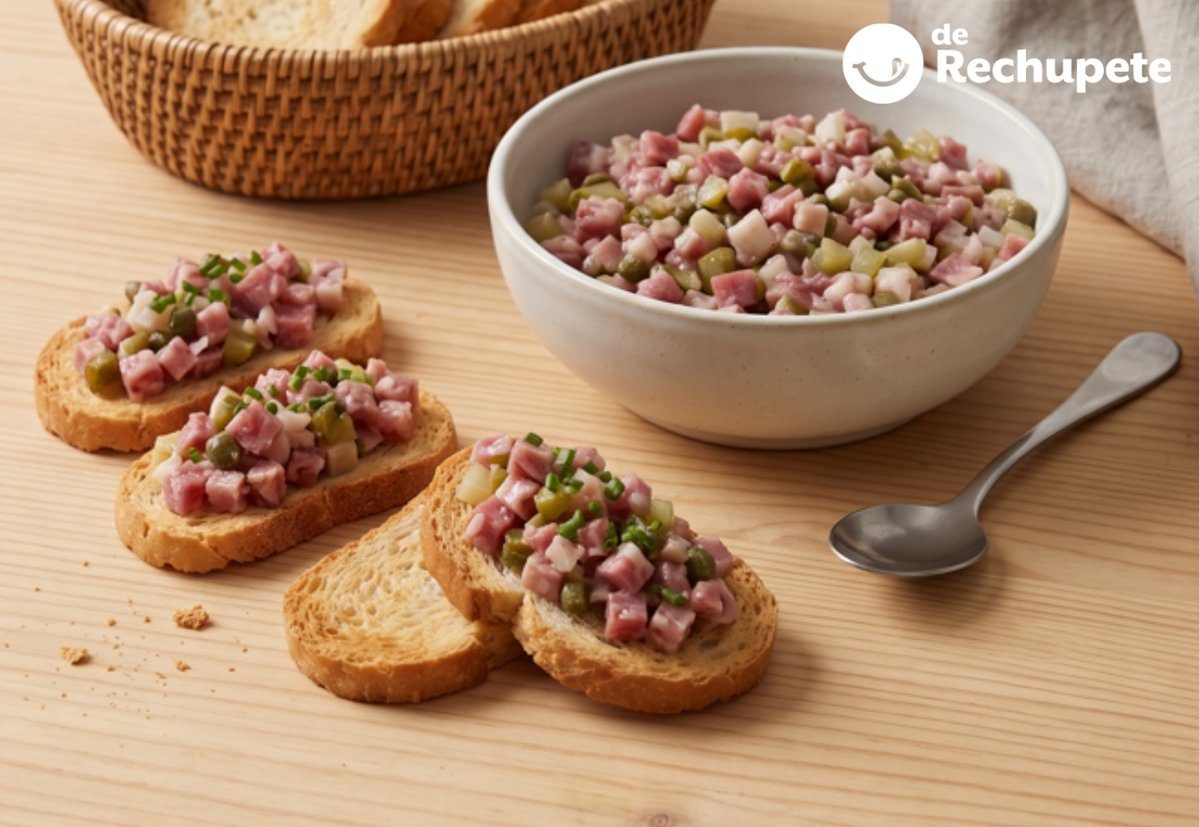 Tartar de fuet con encurtidos, mostaza y salsa Perrins