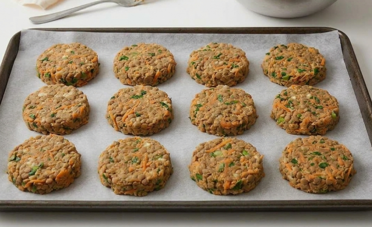 Tortitas de lentejas y zanahoria con salsa de yogur, doradas por fuera y tiernas por dentro