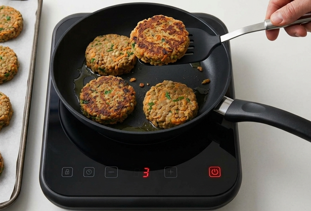 Tortitas de lentejas y zanahoria con salsa de yogur, doradas por fuera y tiernas por dentro