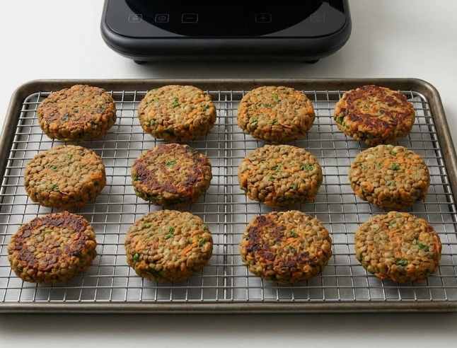 Tortitas de lentejas y zanahoria con salsa de yogur, doradas por fuera y tiernas por dentro