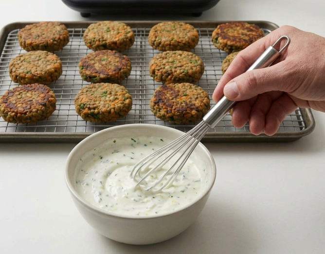 Tortitas de lentejas y zanahoria con salsa de yogur, doradas por fuera y tiernas por dentro
