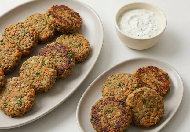 Tortitas de lentejas y zanahoria con salsa de yogur, doradas por fuera y tiernas por dentro