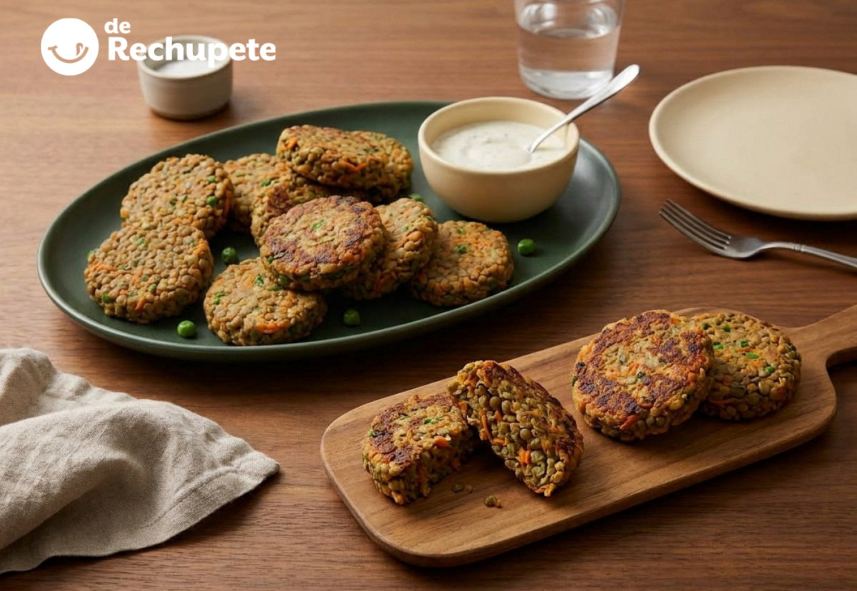Tortitas de lentejas y zanahoria con salsa de yogur, doradas por fuera y tiernas por dentro