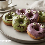 Donuts monstruo de Halloween con glaseado de colores y ojos de chocolate