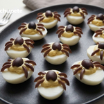 Huevos rellenos para Halloween con arañas de aceituna negra
