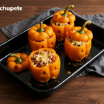 Pimientos rellenos para Halloween con cara de calabaza, carne y arroz