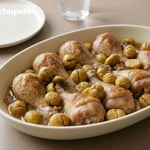 Pollo guisado con castañas, tierno y con una salsa melosa