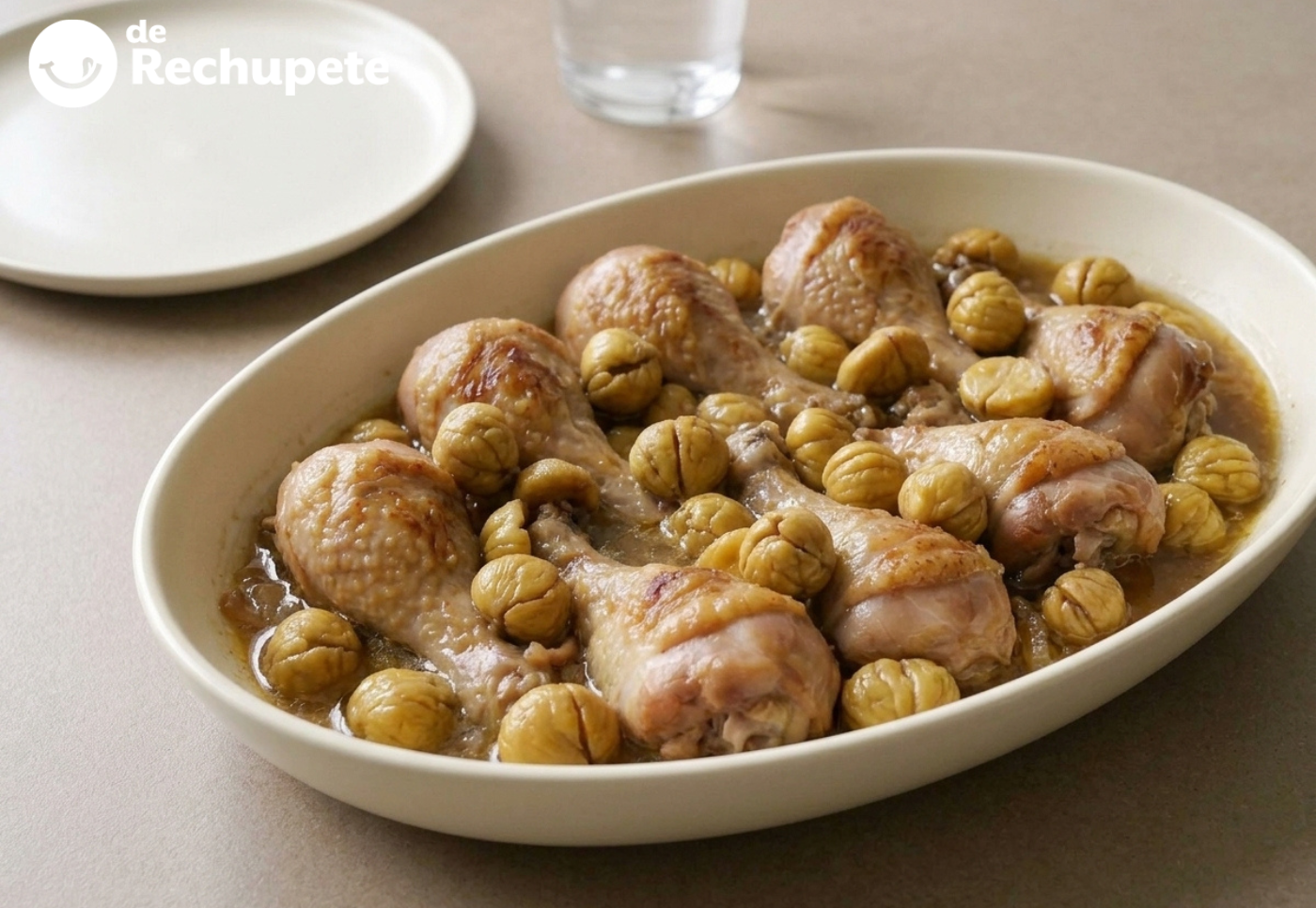 Pollo guisado con castañas, tierno y con una salsa melosa